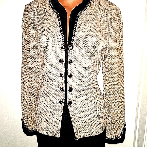 ST JOHN COUTURE 6-8 FANTASY TWEED  VELVET BLACK CREAM GOLD LOGO JACKET SKIRT SET - Picture 13 of 14